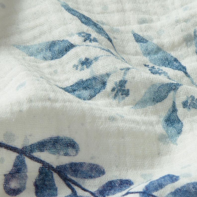 Double Gauze/Muslin Watercolor eucalyptus branches – offwhite/aqua blue,  image number 2
