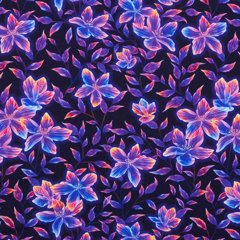 Cotton Jersey Glowing Flowers | Glitzerpüppi  – midnight blue/peach orange,  image number 1