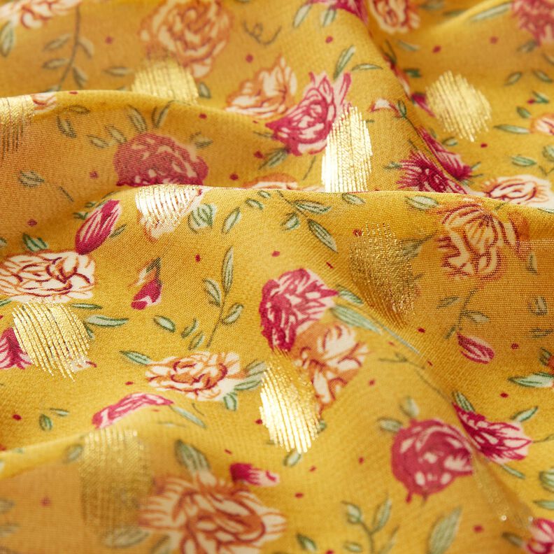 Flowers and gold dots crepe chiffon – curry yellow,  image number 2