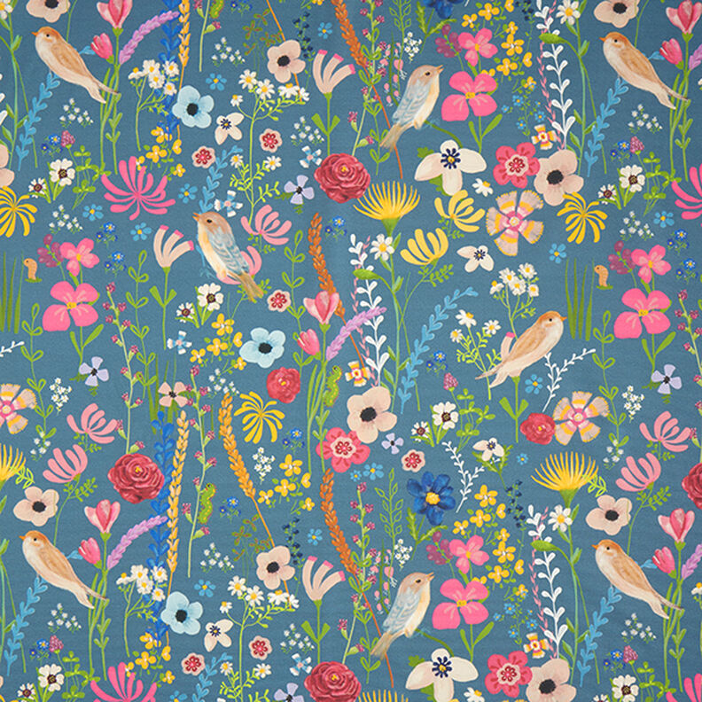 Outdoor Fabric Canvas Birds and flowers – steel blue,  image number 1