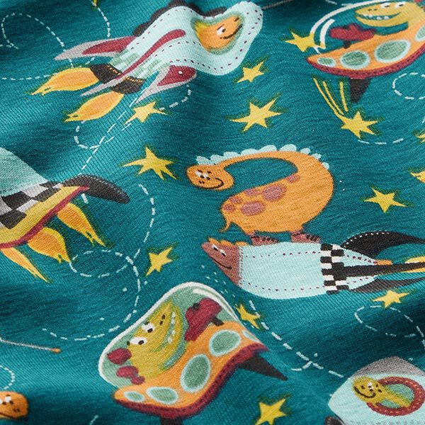 Cotton Jersey Dinosaurs in Space – petrol,  image number 2