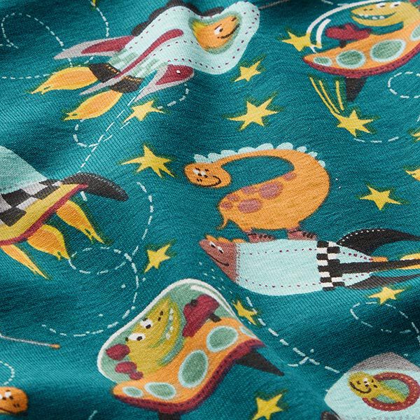 Cotton Jersey Dinosaurs in Space – petrol, image number 2