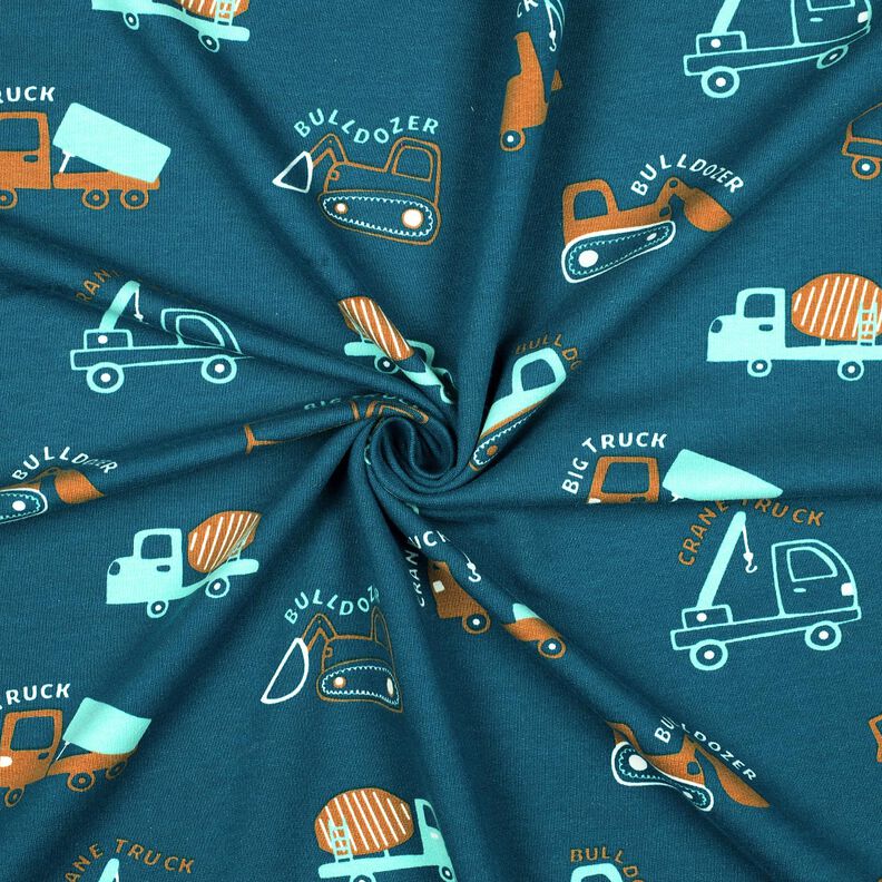 Brushed Sweatshirt Fabric Construction vehicles | Poppy Fabrics – ocean blue/eucalyptus,  image number 3