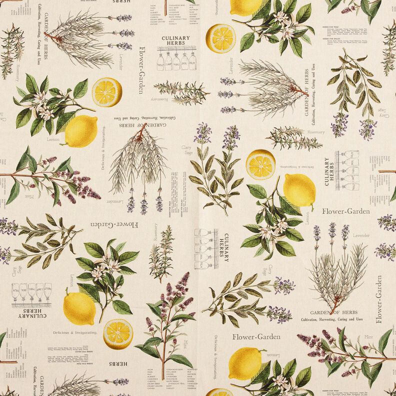 Decor Fabric Half Panama kitchen herbs – natural/yellow,  image number 1