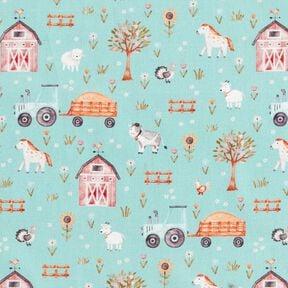 Cotton Poplin cute farm – eucalyptus/peach orange, 