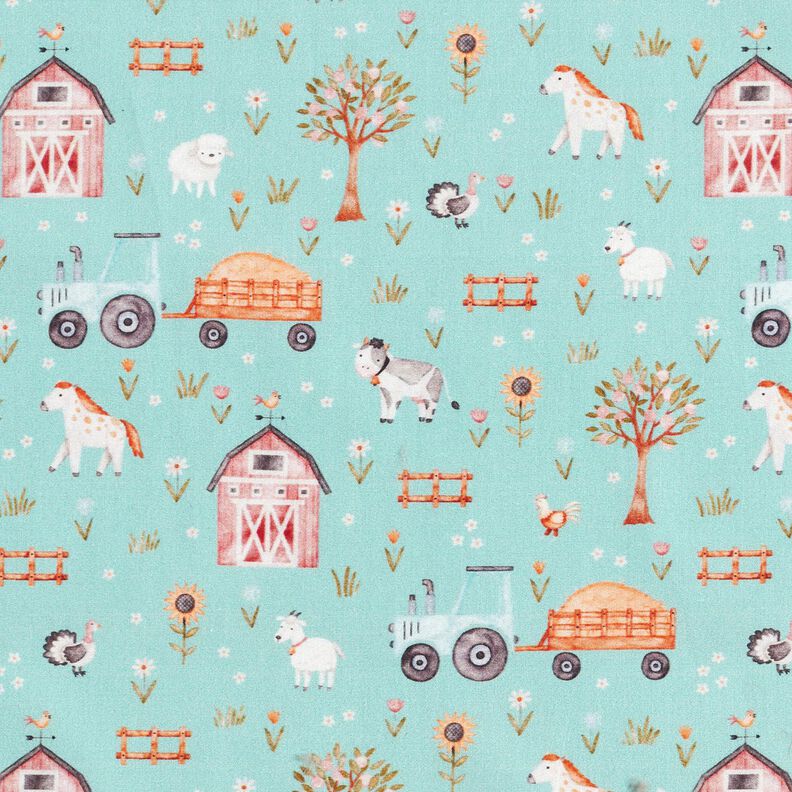 Cotton Poplin cute farm – eucalyptus/peach orange,  image number 1