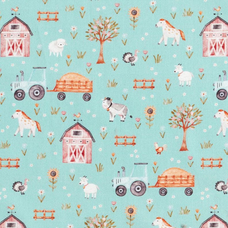 Cotton Poplin cute farm – eucalyptus/peach orange, image number 1