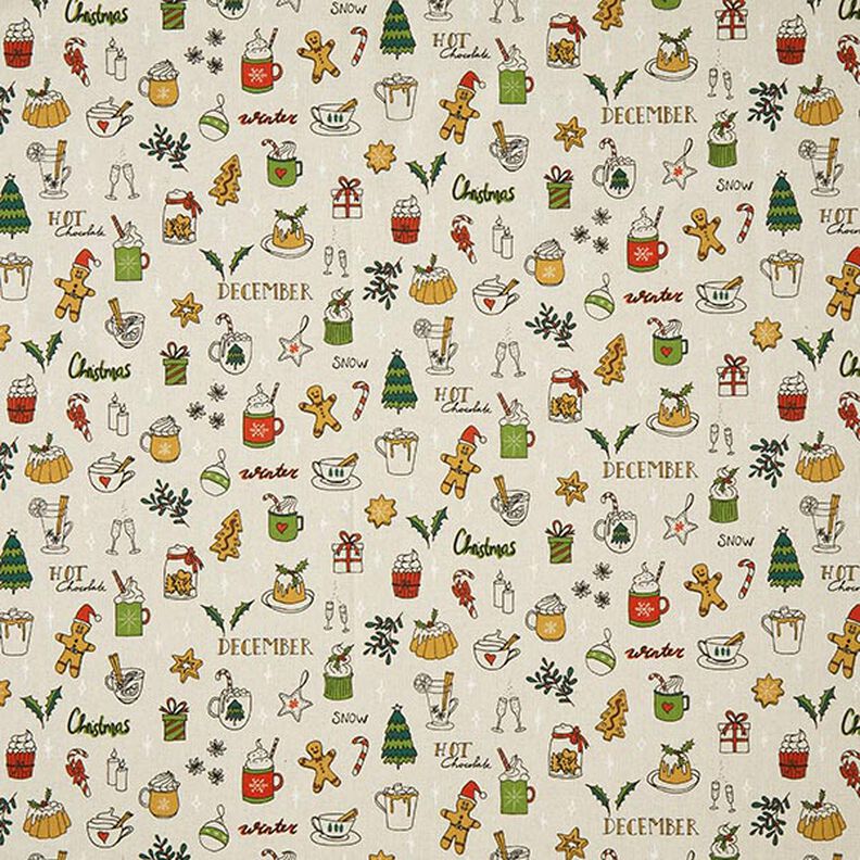 Decor Fabric Half Panama wintry sketches – natural/pine, image number 1