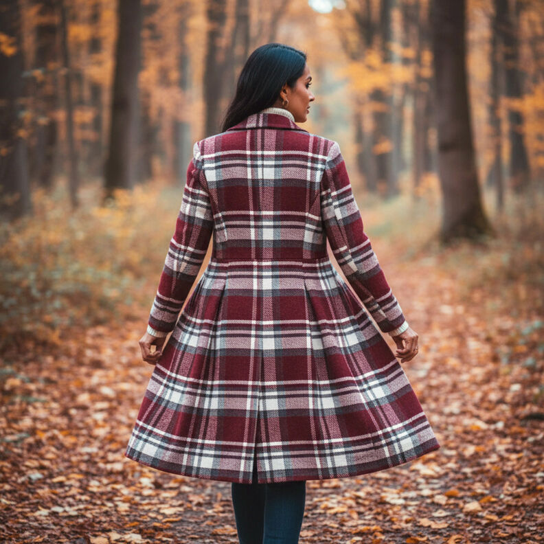 Coat fabric with checked fur backing &ndash; burgundy/slate grey,  image number 6