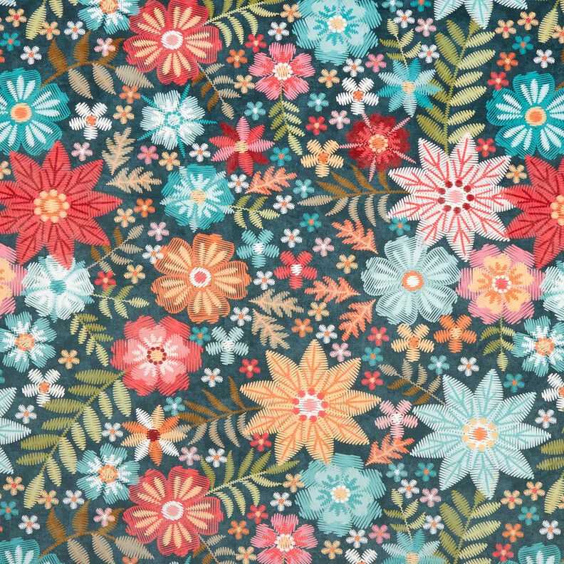 Decor Velvet embroidered flowers – petrol/carmine,  image number 1