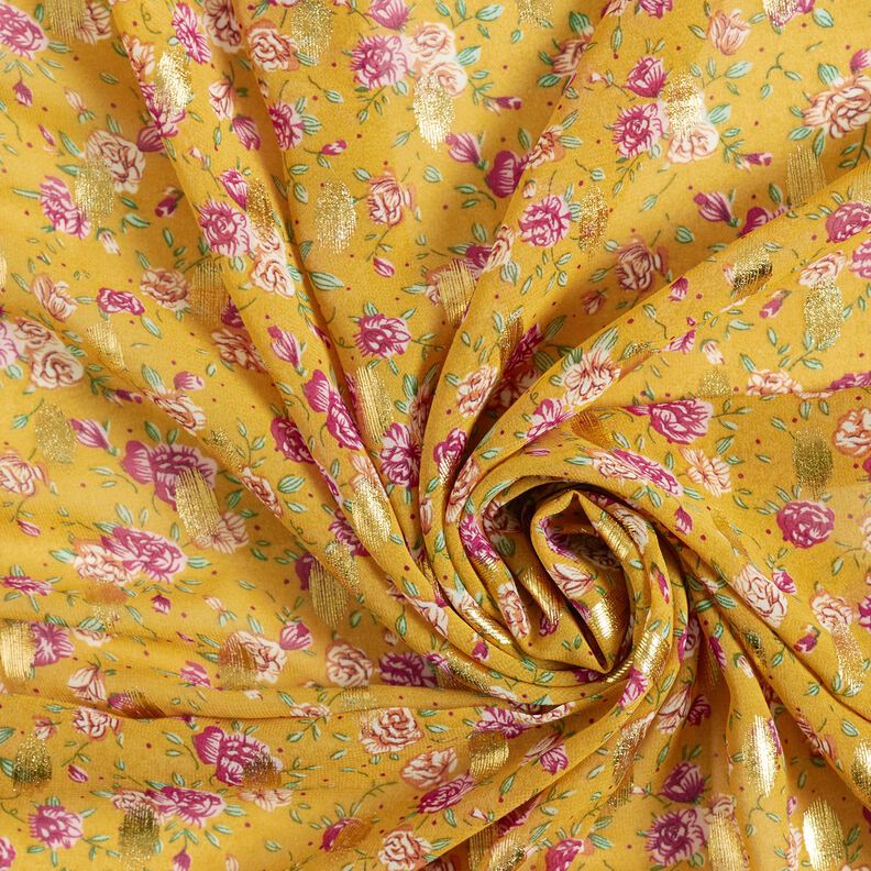 Flowers and gold dots crepe chiffon – curry yellow,  image number 3