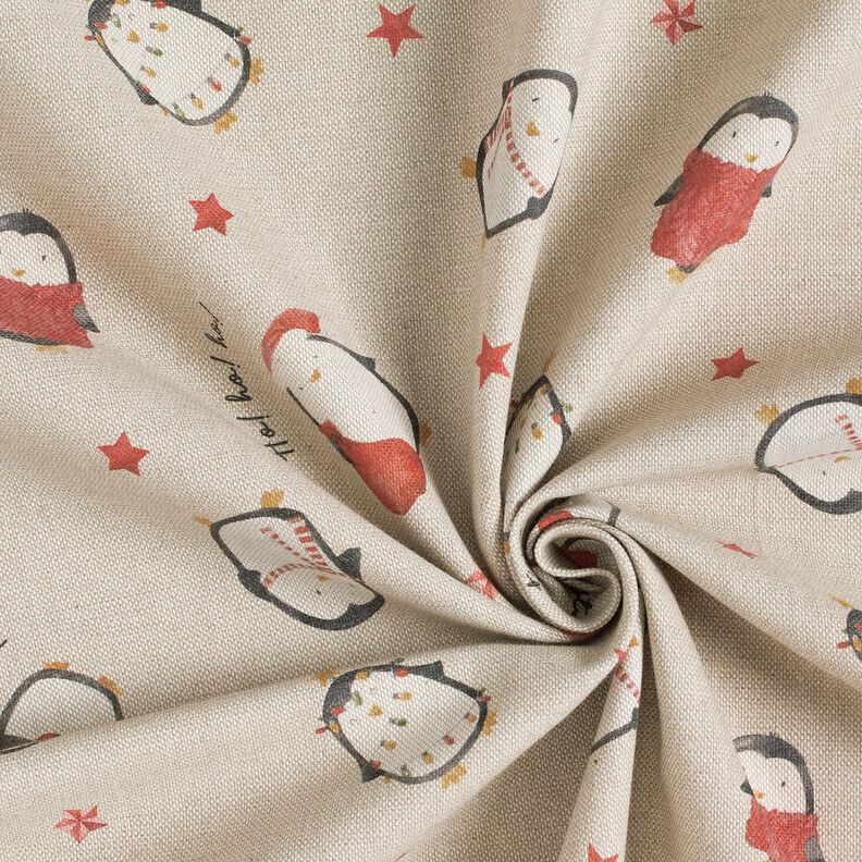 Decor Fabric Half Panama festive penguins – natural/carmine,  image number 3