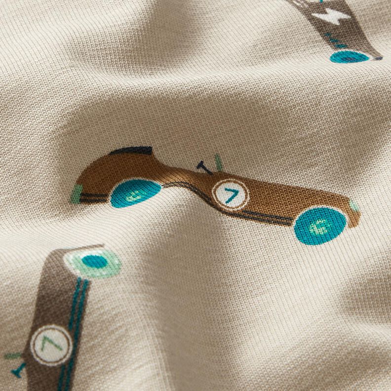 Cotton Jersey retro racing cars – light taupe,  image number 2