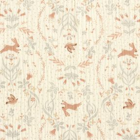 Double Gauze/Muslin Bird and rabbit in a flower garden – offwhite, 
