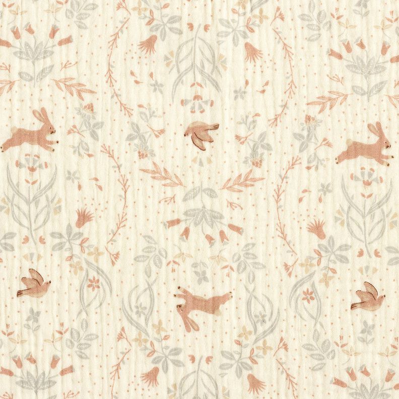 Double Gauze/Muslin Bird and rabbit in a flower garden – offwhite,  image number 1