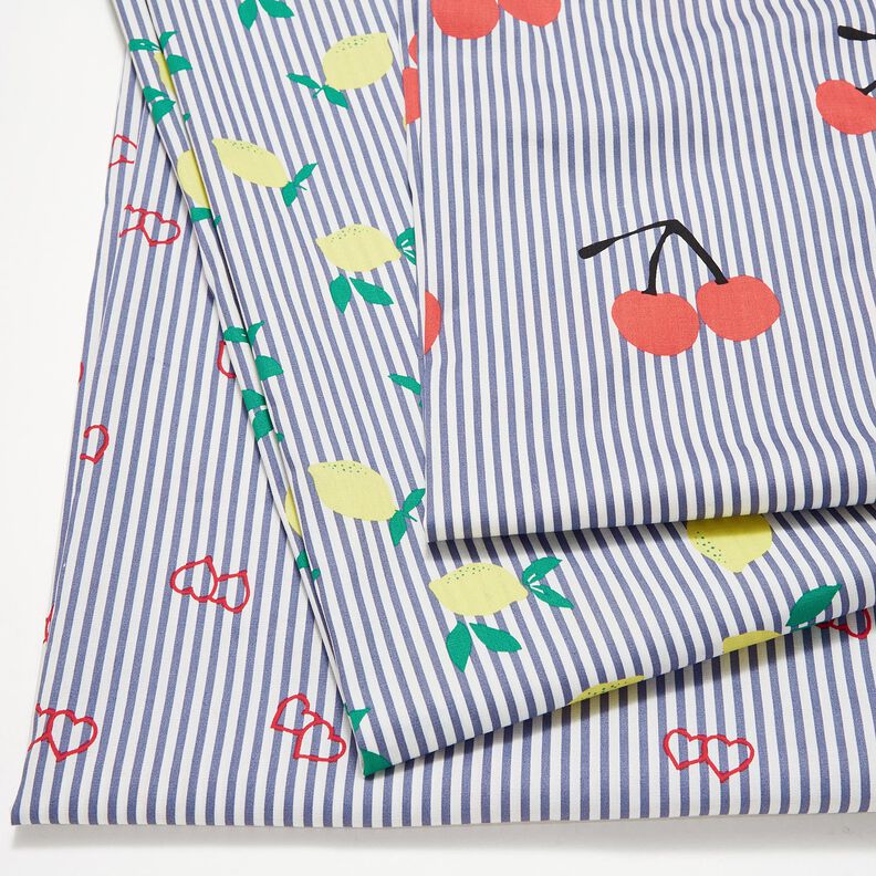 Stretch Poplin Stripes and cherries – white/indigo,  image number 5
