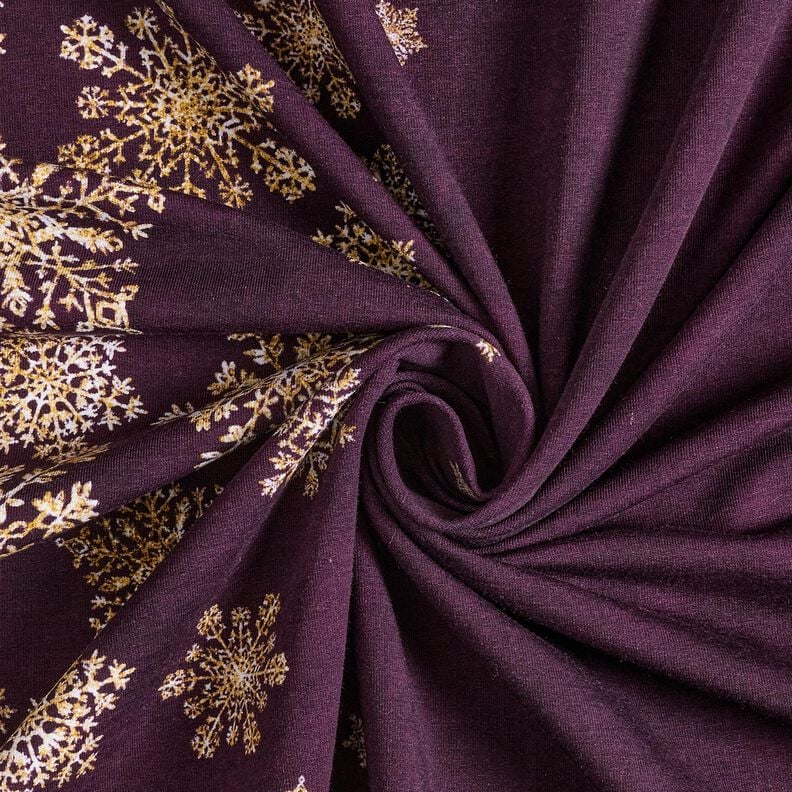 French Terry Ice Flowers Border Fabric | Glitzerpüppi – aubergine/antique gold, image number 3
