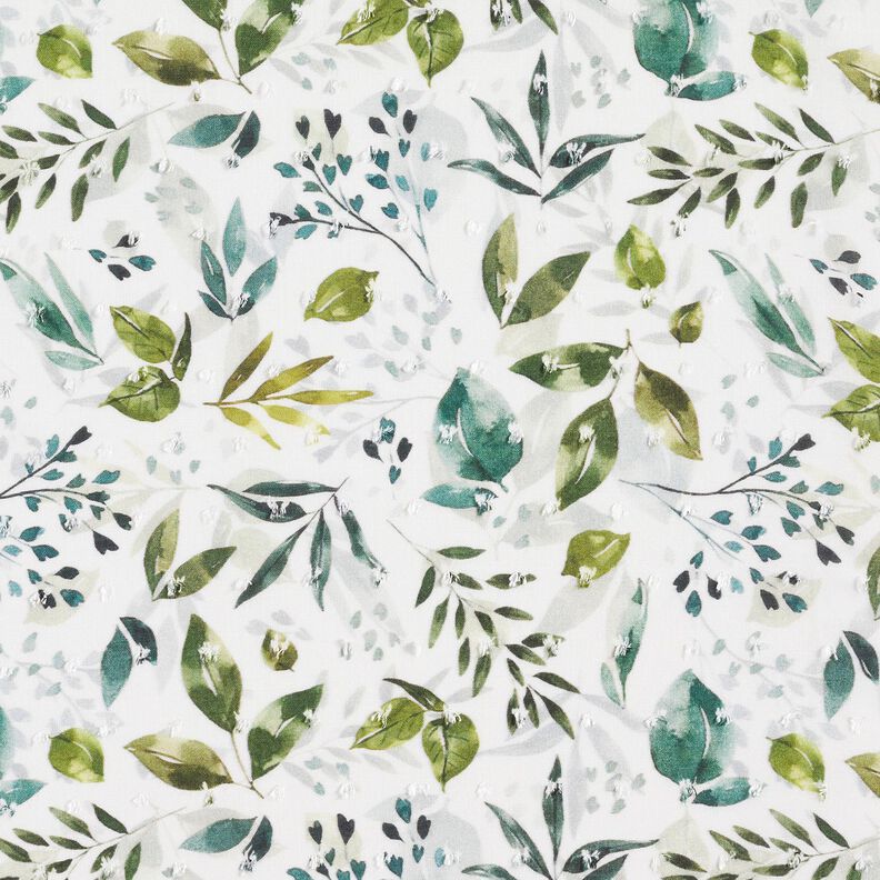 Viscose fabric dobby Leaves – white/dark green,  image number 1