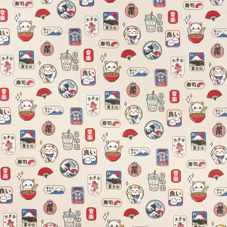 Decor Fabric Half Panama Asian snacks – natural/blue,  image number 1