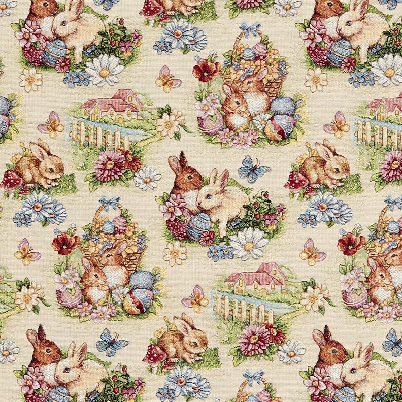 Decor Fabric Tapestry Fabric Easter bunnies in the garden – light beige/berry,  image number 1