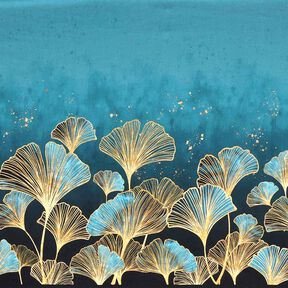 Cotton Jersey Golden ginkgo leaves border fabric | Glitzerpüppi – black/turquoise, 