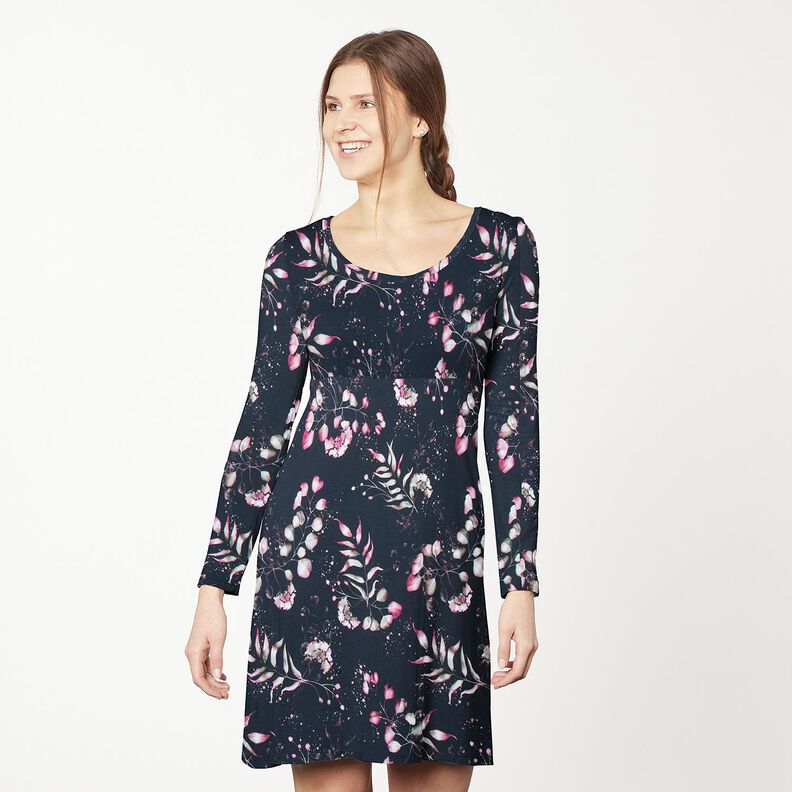Cotton Jersey Eucalyptus and hydrangeas | Glitzerpüppi – midnight blue/pink, image number 5