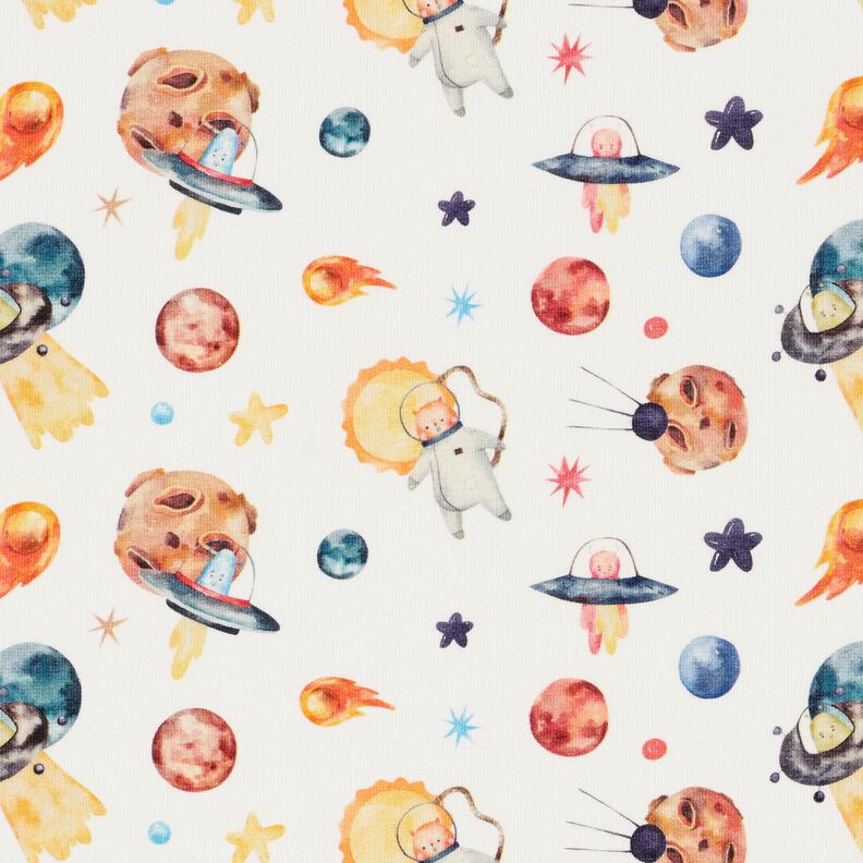 French Terry cats and aliens in space Digital Print – ivory,  image number 1