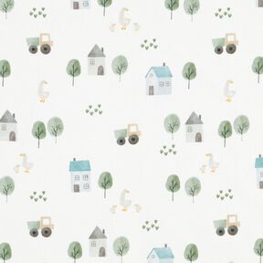 GOTS French Terry Geese in the village Digital Print – ivory, 