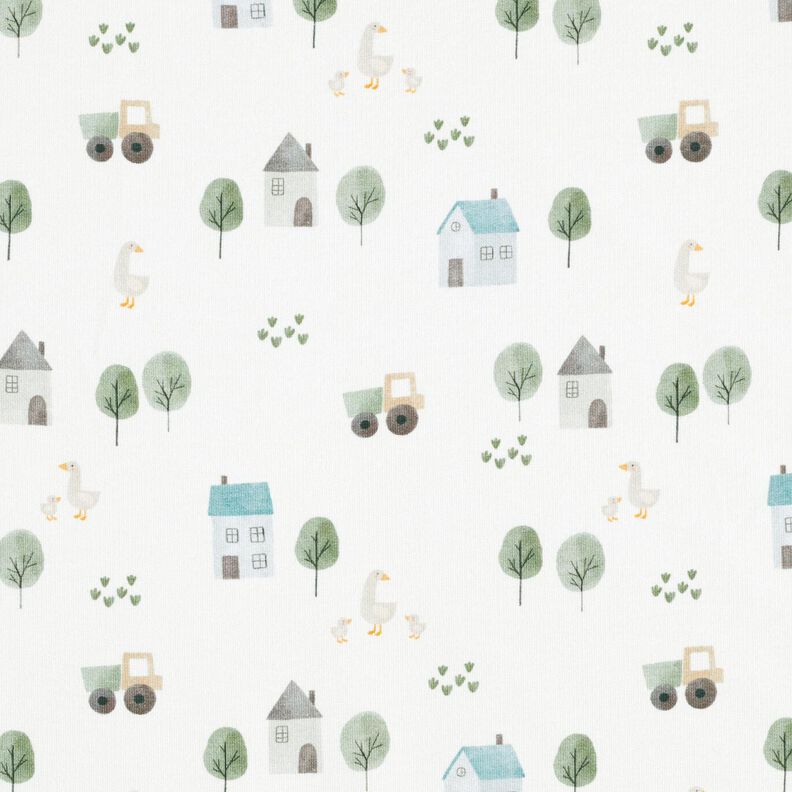 GOTS French Terry Geese in the village Digital Print – ivory,  image number 1