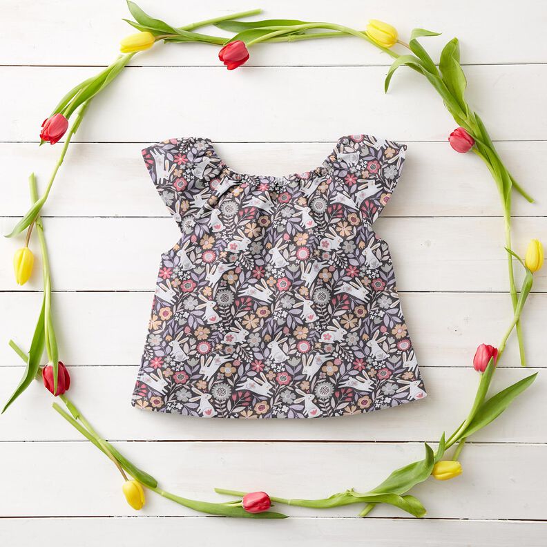 Cotton Poplin Rabbits in the flower meadow – dark grey,  image number 6