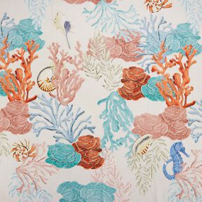 Decor Fabric Half Panama colourful corals – light taupe/aqua blue, 