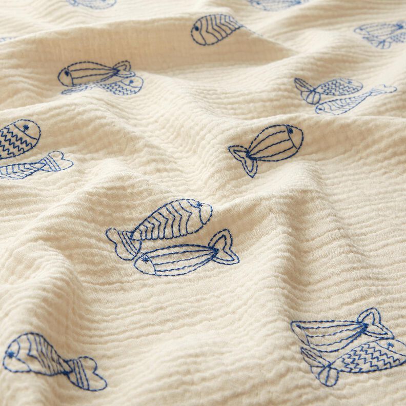 Double Gauze/Muslin embroidered fish | Poppy Fabrics – offwhite/royal blue,  image number 2
