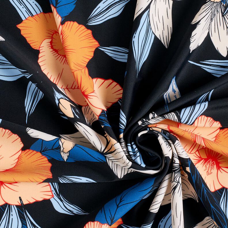 Swimsuit Fabric large hibiscus flowers – blue-black/apricot,  image number 3