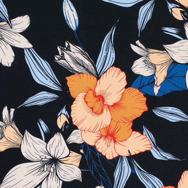 Swimsuit Fabric large hibiscus flowers – blue-black/apricot,  image number 6