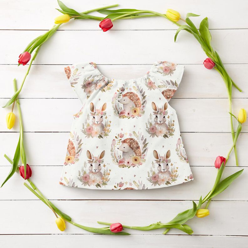 Cotton Poplin Hare and hedgehog in a flower circle Digital Print – ivory, image number 6