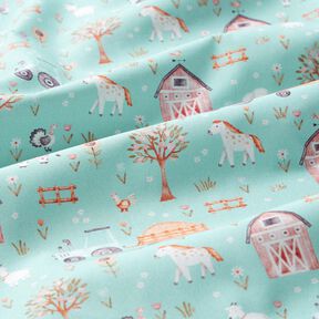 Cotton Poplin cute farm – eucalyptus/peach orange, 