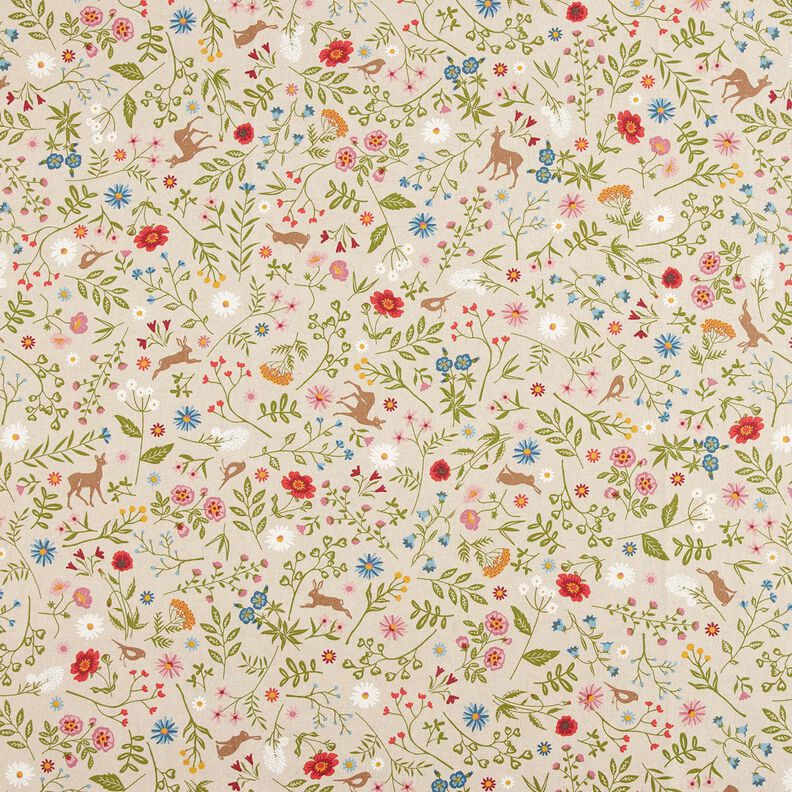 Decor Fabric Half Panama forest animals and flowers – natural/green,  image number 1