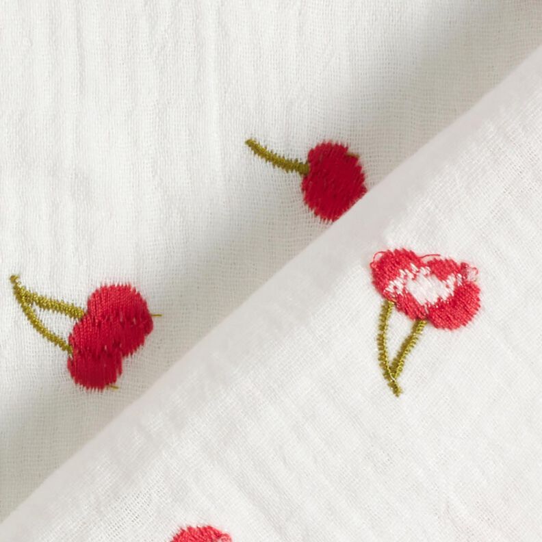 Double Gauze/Muslin embroidered cherries | Poppy Fabrics – white/fire red,  image number 4