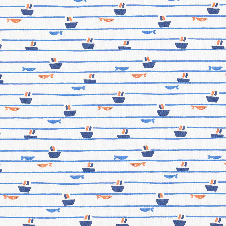 Cotton Poplin Stripes, ships and fish – white/royal blue,  image number 1