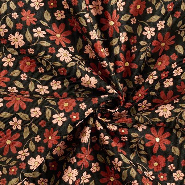 Baby Cord Beautiful Glitter Flowers – black/metallic gold, image number 3