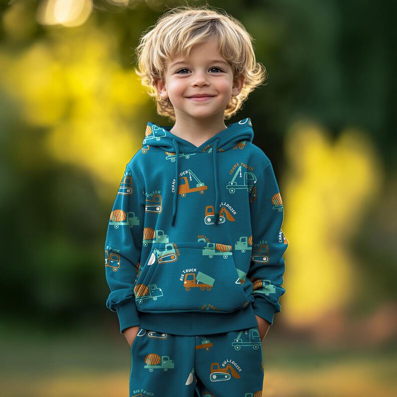 Brushed Sweatshirt Fabric Construction vehicles | Poppy Fabrics – ocean blue/eucalyptus,  image number 5