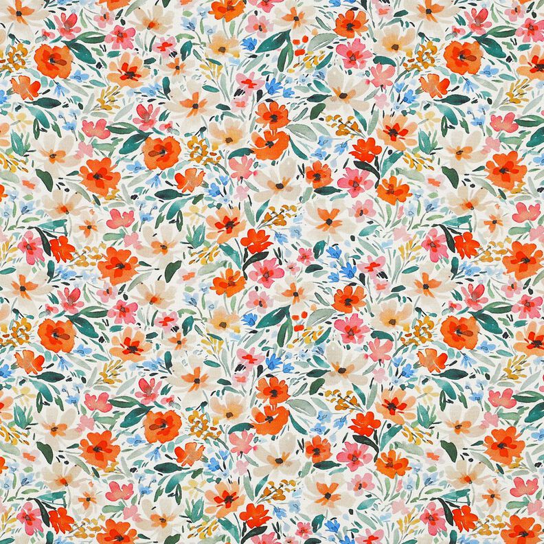 viscose fabric flower meadow digital print – white/orange,  image number 1