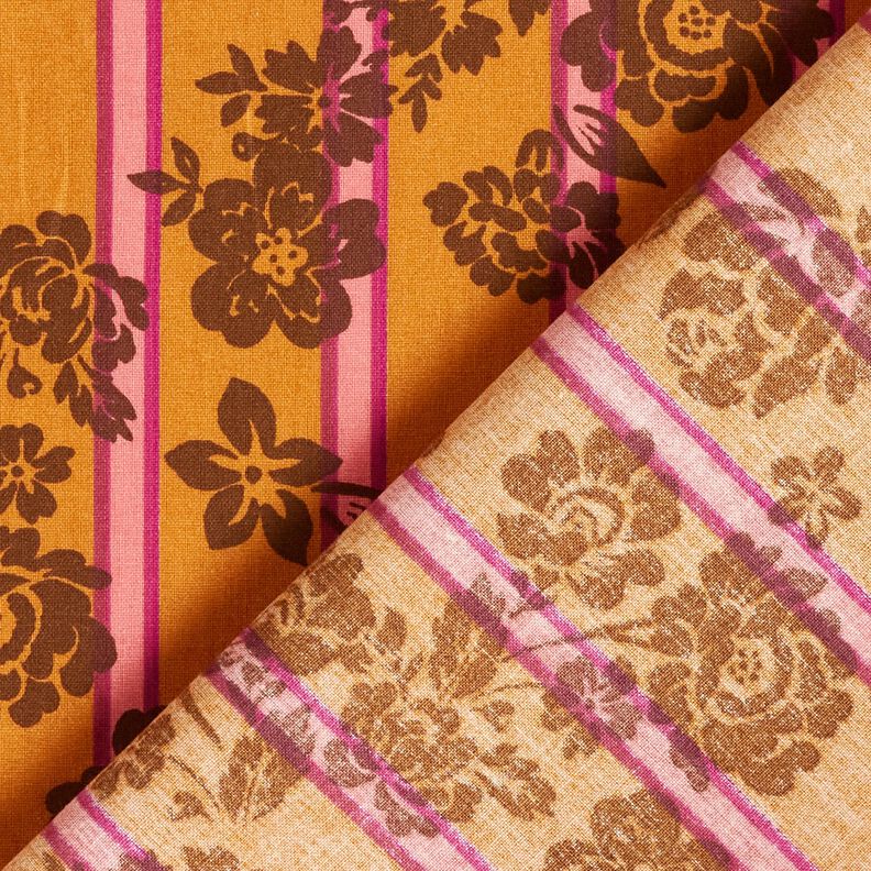 Cotton Cretonne Flowers on Stripes – curry yellow/purple, image number 4