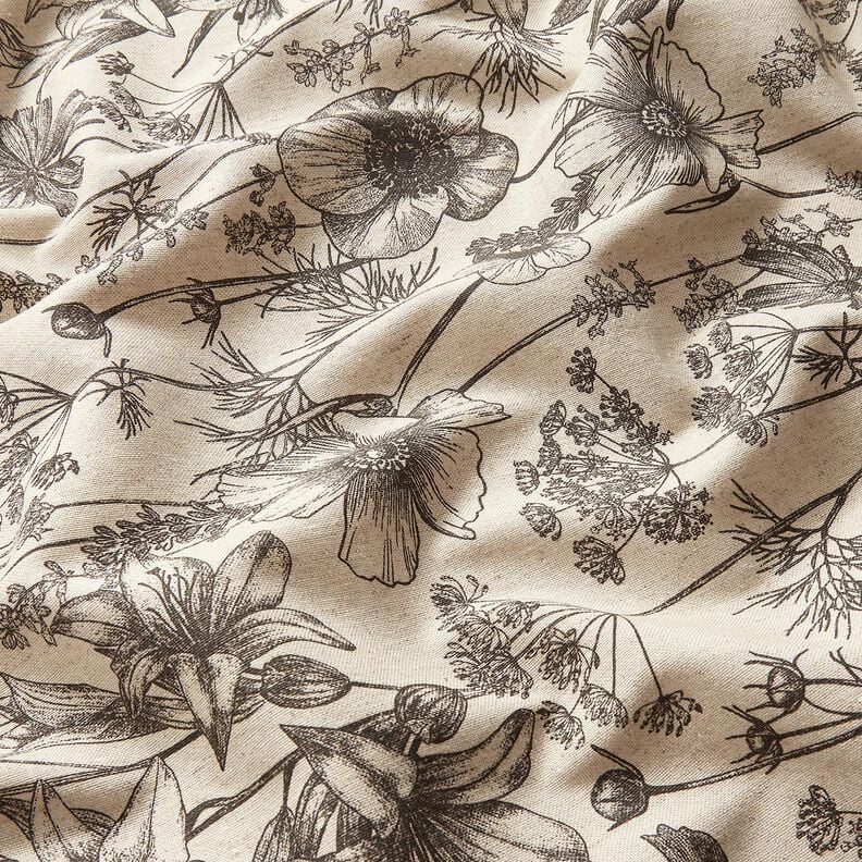 Decor Fabric Half Panama Flowers and grasses – natural/black,  image number 2