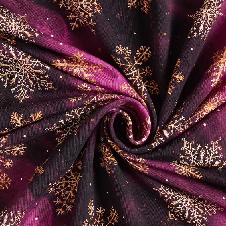 French Terry Snowflakes Milky Way | Glitzerpüppi – aubergine/antique gold, image number 3