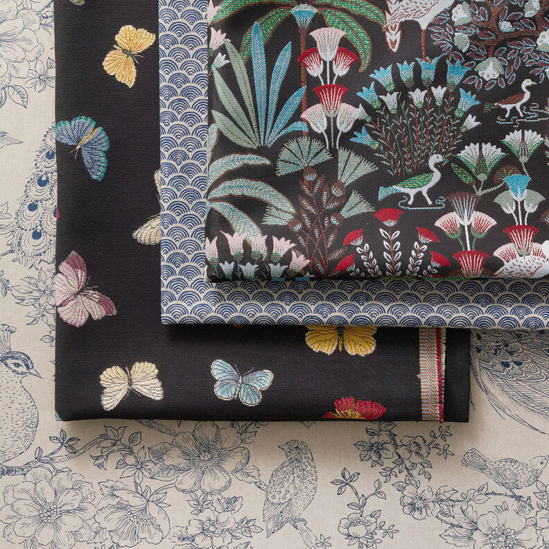 Decor Fabric Half Panama romantic peacocks – natural/blue,  image number 6