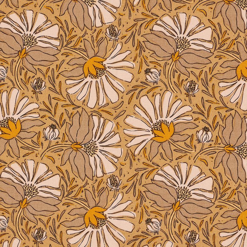 Decor Fabric Half Panama Big Flowers – dark beige/curry yellow,  image number 1
