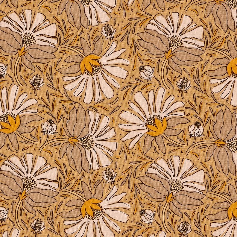 Decor Fabric Half Panama Big Flowers – dark beige/curry yellow, image number 1