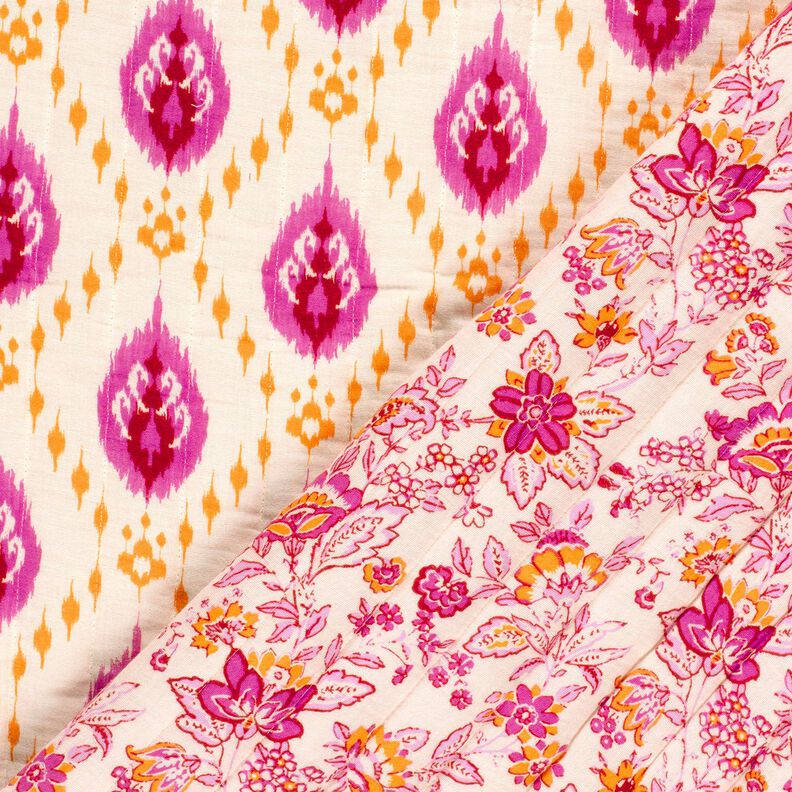 Quilted Fabric Muslin Ethnic flowers – offwhite/pink,  image number 1