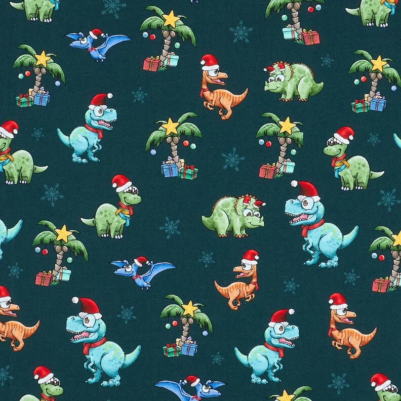 French Terry Christmas dinosaurs under palm trees | Glitzerpüppi – petrol/light green, image number 1